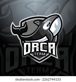 Orca killer Whale mascot logo design vector with modern illustration concept style for badge, emblem and tshirt printing. modern orca shield logo illustration for sport, gamer, esport team.