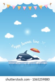 Orca or the killer whale sleep on the iceberg with a message “Happy SummerTime” and hanging ribbons on clouds on top. Iceberg floating in a blue ocean. Summer background concept. Vector illustration