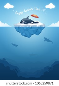 Orca or the killer whale sleeping on the iceberg with a message “Happy Summer Time”. Iceberg with above and underwater view. Whales swim in the ocean. Summer background concept. Vector illustration