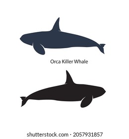 Orca Killer Whales silhouette vector illustrations isolated on white background. Ocean wildlife mammals collection Silhouette of different types whale sea animals. Fish and sea life silhouette graphic