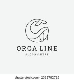 Dibujo de la línea de iconos del logotipo de Orca. Logotipo de ballena simple en una línea y contorno de diseño plano Vector.