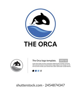 The orca logo template with a simple flat orca vector, flat water wave, and a small splash in the tail. that suitable for your oceanarium logo.