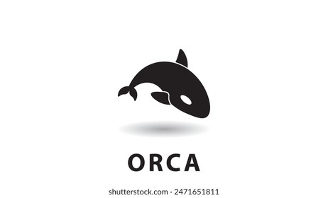 Ilustración vectorial con logo de orca, diseño de silueta de orca, pez depredador, animal acuático.