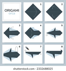 Orca origami scheme tutorial moving model. Origami for kids. Step by step how to make a cute origami killer whale. Vector illustration.