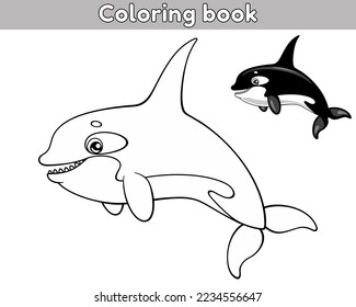 Orca outline and colorful orca. Coloring book for kids. Vector illustration of cartoon sea animal in childish style.