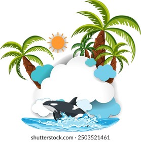 Orca swimming near palm trees and sun