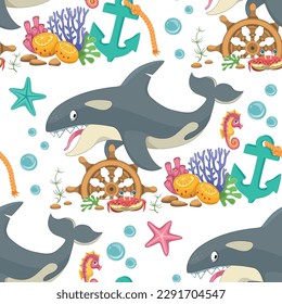 Orca vector. Underwater world wallpaper. Marine life seamless pattern. Fish cartoon. Sea life print design