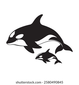 orca whale family silhouettes set in black color simple and clean vector illustration on a white background.
