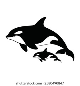 orca whale family silhouettes set in black color simple and clean vector illustration on a white background.
