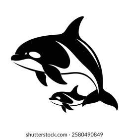 orca whale family silhouettes set in black color simple and clean vector illustration on a white background.
