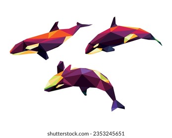 Orca Whale Fish Set in Colorful Polygon Vector. Orca Animal Low Poly Abstract Collection. Colorful Orca logo polygon