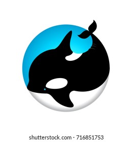 Orca whale illustration. Cute orca icon. Ocean animal emblems. Whale is isolated, on a blue circle.