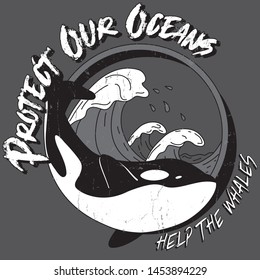 Orca Whale Killer Whale Protect Our Oceans Help, Retro Vintage Black & White