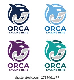 Orca whale logo designs with different colored orca icons and text various color schemes icon