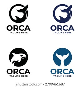 Orca whale logo designs with tagline on white background icon