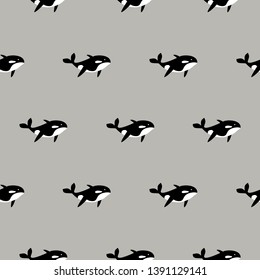 Orca whale seamless vector pattern. Cartoon style black and white fish background. Sea life animal simple print.