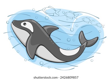 A orca whale swims in the sea with fish. Vector illustration in cartoon style, on an isolated background.