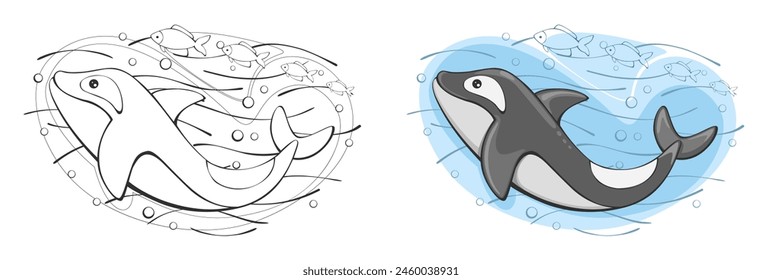 A orca whale swims in the sea with fish. Vector illustration in cartoon style, on an isolated background.