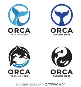 Orca whale tail logos and labels with text on white background icon
