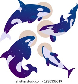 Orca whales floating in space with galaxy inside them