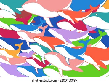 Orca whales in various colors migrating to the same direction for logo, background, pattern or other illustration needs 