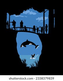 Orcas frolic in the ocean as people gather to watch from a foot bridge in a shoreline forest in this 3-d illustration about killer whales. A text area is available in the sky and other areas.