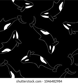 Orcas on black background seamless pattern. Killerwhale background texture tile. Vector illustration