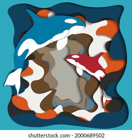 Las orcas con adorno sobre el fondo colorido en el estilo de corte de papel