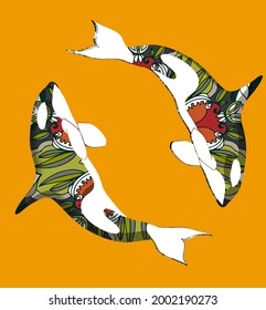 Orcas with ornament on the orange background