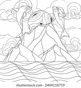 Orcas in the sky line art design.