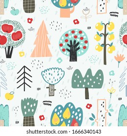 Orchard. Abstract fruit trees seamless pattern. Design for fabric, textile print, wrapping paper, children textile. Vector illustration