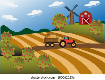 in the orchard an apple tree barn windmill tractor in the farm scenery vector illustration