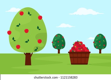 Obstgarten mit Apfelbäumen. Flachdesign-Stil. 