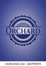 Orchard-Abzeichen mit denim Hintergrund. Vektorillustration Illustration. Detaillierte Angaben.