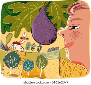In an orchard a boy sniffs a ripe fig,