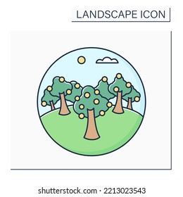 Orchard color icon. Grove with trees. Forest planting of fruit trees, nut trees, or sugar maples. Landscape concept.Isolated vector illustration