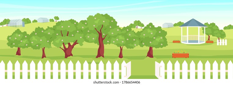 Orchard flat color vector illustration. Beautiful garden 2D cartoon landscape with gazebo and greenhouses on background. Countryside lifestyle, fruit growth. Rural scenery with blooming trees