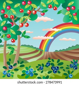 Orchard. Jardín de frutas. Árbol de cerezos. Cultivando cereza. Paisaje de verano con arco iris. Granja de arándanos.