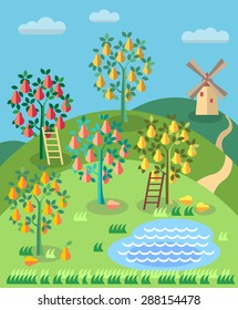 Orchard. Fruit garden. Pear tree with ladder, pond, . Summer landscape. Blueberry field.