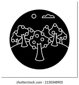 Orchard glyph icon. Grove with trees. Forest planting of fruit trees, nut trees, or sugar maples. Landscape concept.Filled flat sign. Isolated silhouette vector illustration