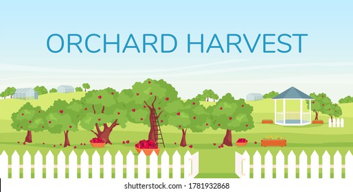 Orchard harvest banner flat vector template. Seasonal farming, gardening brochure, booklet one page concept design with cartoon illustrations. Apple garden growth, agriculture flyer, leaflet