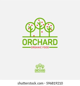 Orchard Icon. Organic Food Logo. Fresh Fruit Emblem. Three Fruit Trees On A Light Background.