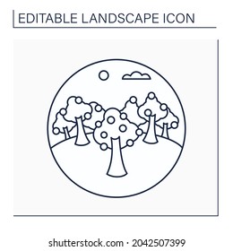 Orchard line icon. Grove with trees. Forest planting of fruit trees, nut trees, or sugar maples. Landscape concept.Isolated vector illustration. Editable stroke