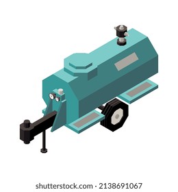 Composición isométrica de la maquinaria de huerta con imagen aislada del remolque de ruedas con depósito de agua sobre ilustración vectorial de fondo en blanco
