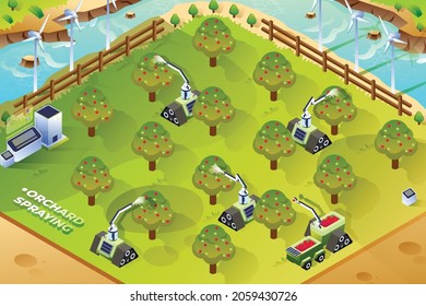 Orchard Spraying - Isometric Illustration