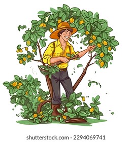 An orchardist tending trees. Pruning tree branches. Cartoon vector illustration. label, sticker, t-shirt printing