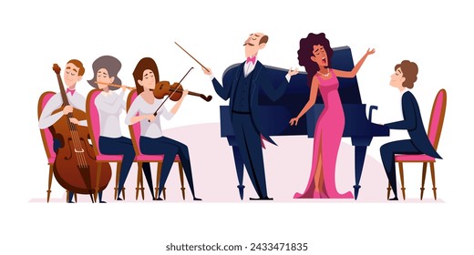 Orchestra band. classical musicians vector cartoon people