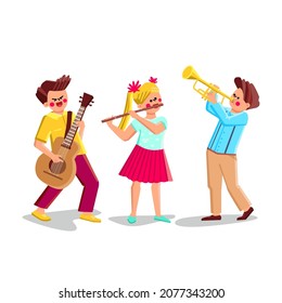 orchestra children band. kid orchestra group. school musician class. kid performance activity. vector character flat cartoon Illustration