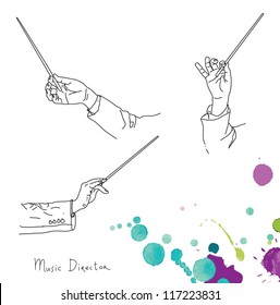 Orchestra conductor hands. Watercolor splashes.