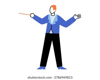 Orchestra conductor holding a baton vector illustration. Classical music, concert performance, leadership, artistic direction, symphony, education. Music director gesturing with a stick